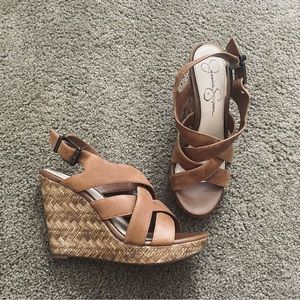 Jessica Simpson Tan Strappy Leather Wedges
